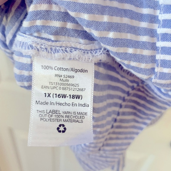 Terra & Sky Top Women 1X Blue White Stripe Blouse Square Neck Long Sleeve Cotton - Picture 4 of 4